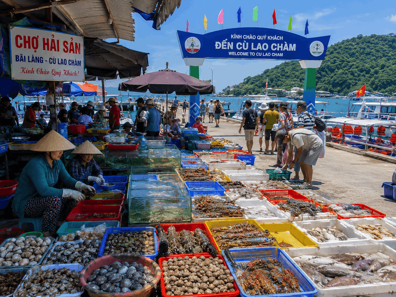 Khu chợ hải sản Bãi Làng ngay chân cầu cảng Cù Lao Chàm buổi sáng với hải sản tươi bày bán
